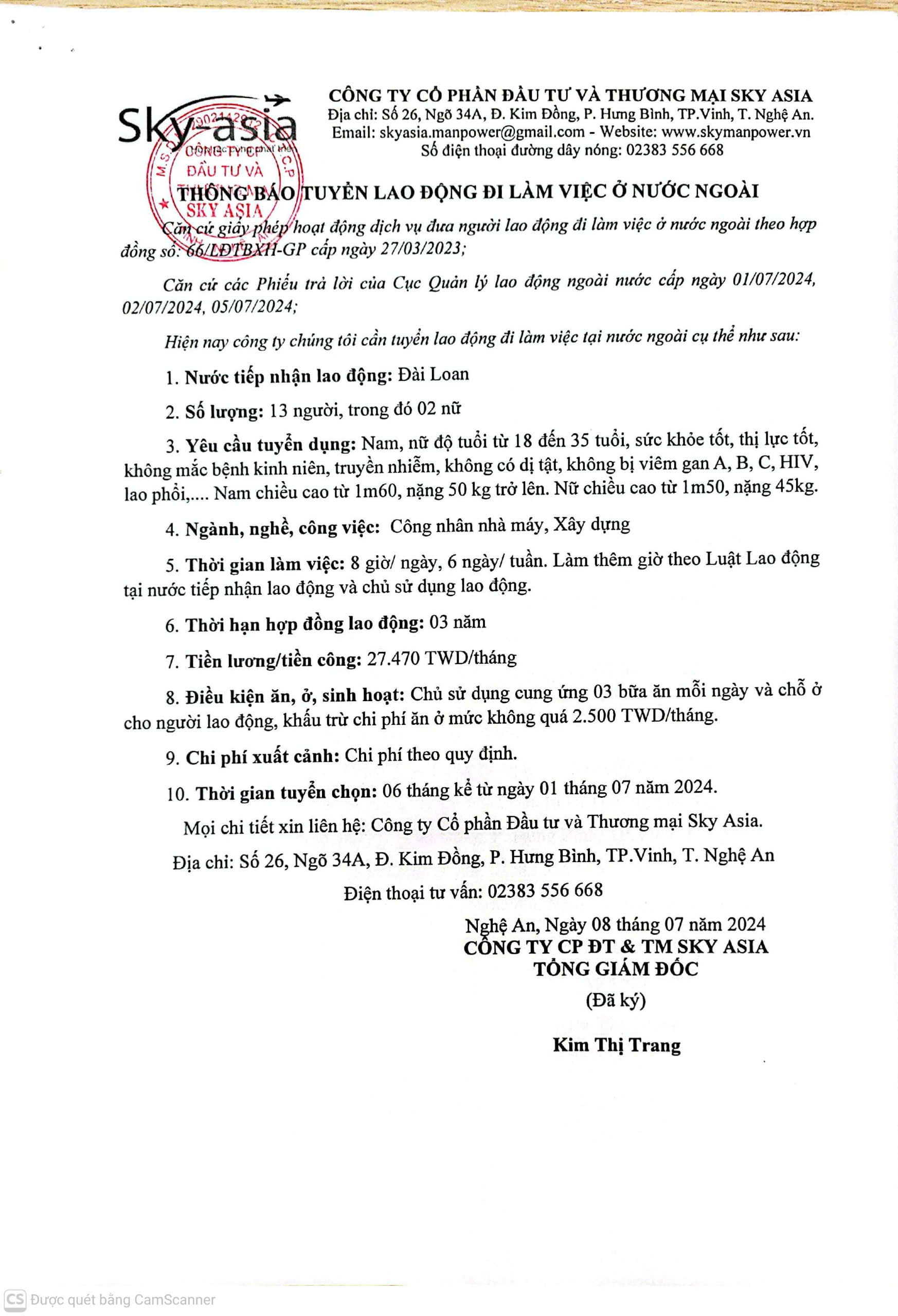THÔNG BÁO TUYỂN LAO ĐỘNG LÀM VIỆC TẠI ĐÀI LOAN THÁNG 07/2024